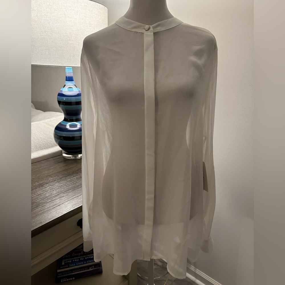Halston Semi-Sheer White Drape Blouse — Size L/G - NWT